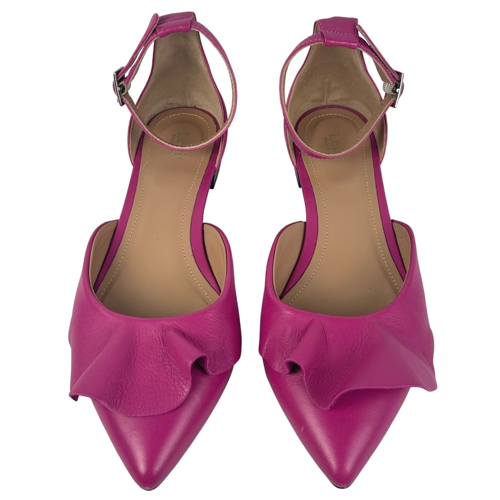 Lewit Magenta Pink Leather Ruffle Ankle Strap Flats Made in Italy Size 39